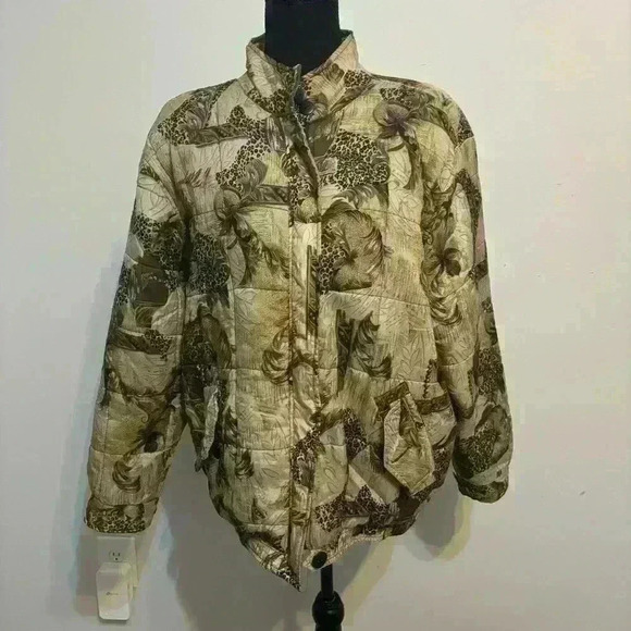 100% Silk Tan Leopard Abstract Anna & Frank Bomber Jacket Size Medium Vintage - Picture 1 of 11